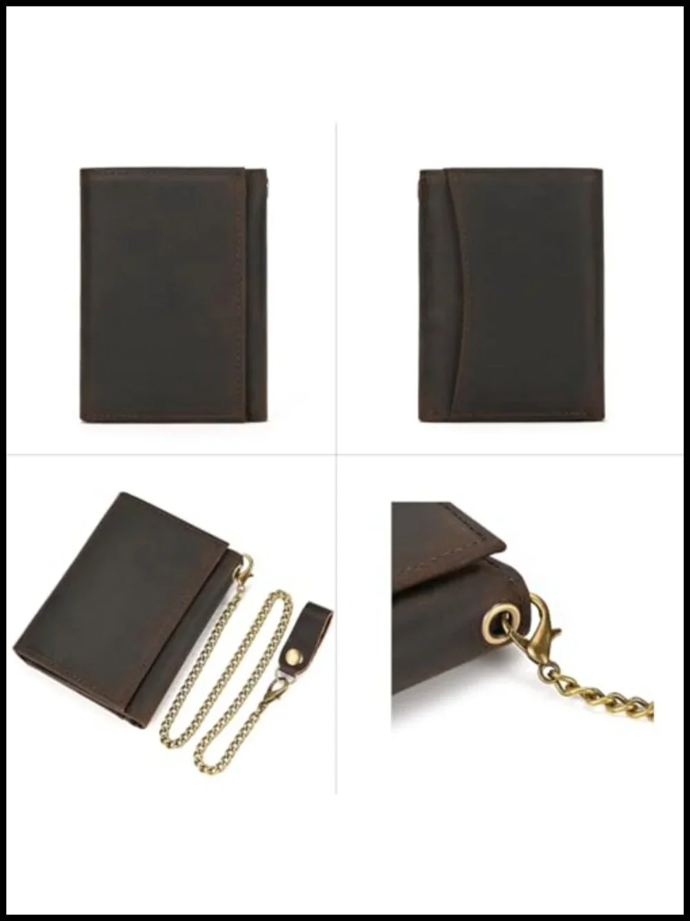 Genuine Leather Trifold Wallet with Anti-Theft Detachable Chain